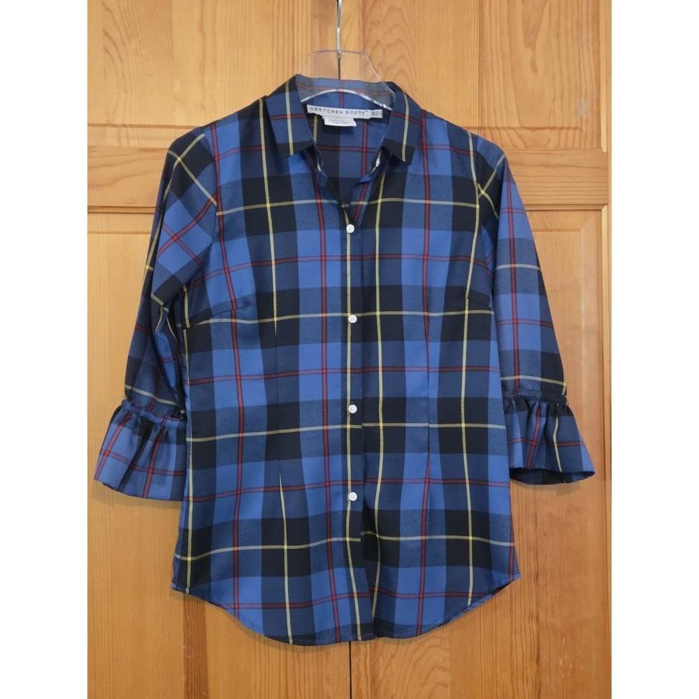 Gretchen Scott Priss Blouse ‎ Cooper Blue Plaid Size XS 3/4 Sleeve